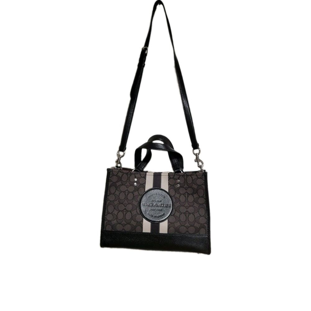 Coach F31483 Signature Jacquard Mini Tote Crossbody Bag Black Brown Stripe